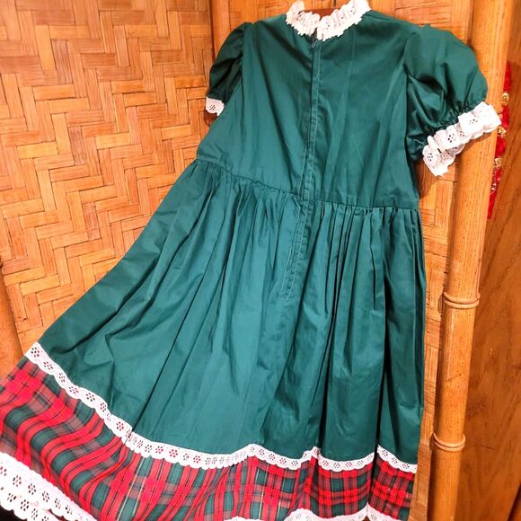 Vintage 80s vtg HANDMADE Little Girls Christmas Dress Bow Tartan Green Red sz 7 - Picture 9 of 13